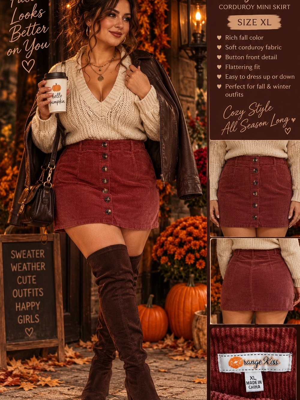 Angel Kiss Button-Front Corduroy Mini Skirt in Rust